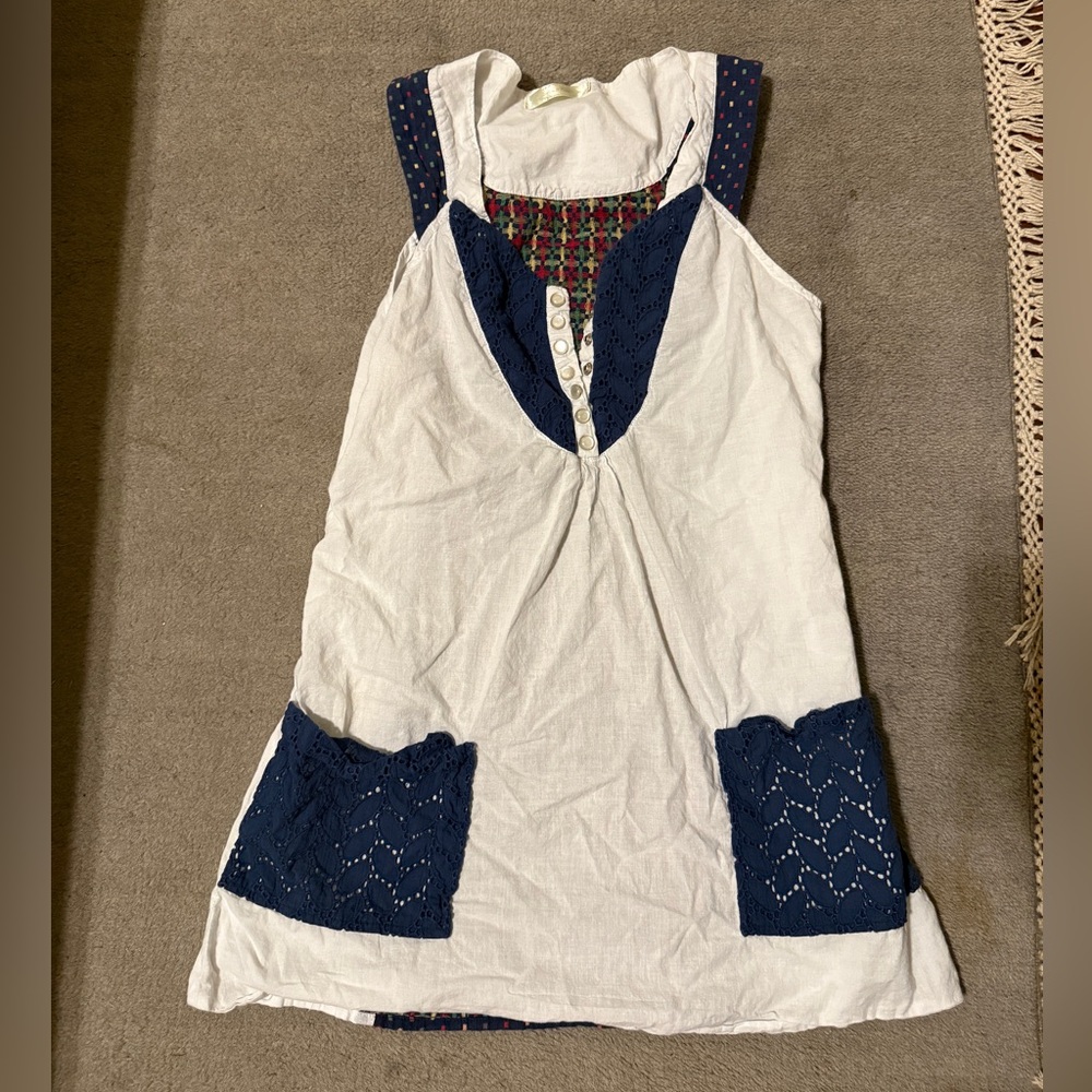 Sophie & Kate White Mini Dress Size Large Navy Lace Trim Sleeveless Boho Dress